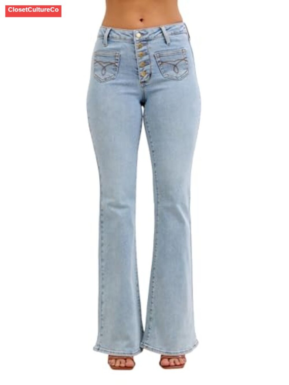 Mid Rise Flare Leg Jeans Button Fly Embroidered Patch Pockets Stretch Denim